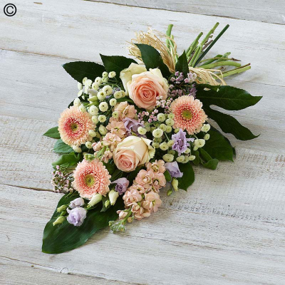 Pretty Pastel Sheaf - An abundance of blush pink blooms featuring fragrant peach stocks, pale pink roses and lilac lisianthus.

The image shows Large Size

Please note: for seasonal and other supply reasons, we may occasionally substitute some of the blooms shown in the image. We will always try to be true to the bouquet's colour coordination, style, and shape and guarantee to give you the full value paid. If you have any queries, please email or call us and we would be delighted to confirm availability and explain alternatives. See the 'Contact Us' section.