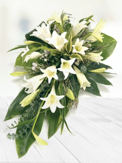White Lily Spray - Classic white Longiflorum lilies are beautifully complemented by white September flower and choice foliages to create this elegant spray by Go Dutch Flowers.

The image shows Large Size

Please note: for seasonal and other supply reasons, we may occasionally substitute some of the blooms shown in the image. We will always try to be true to the bouquet's colour coordination, style, and shape and guarantee to give you the full value paid. If you have any queries, please email or call us and we would be delighted to confirm availability and explain alternatives. See the 'Contact Us' section.