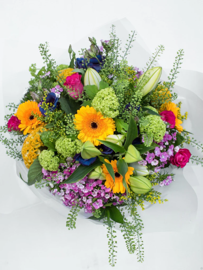 Forest Fruits - Just like a country garden in full bloom, this pretty hand-tied bouquet is bursting with colour, texture and variety. In this bouquet we included lots of favourites including Sweet Williams, Lilies, Gerbera's and gorgeous pink roses.

The image shows Large Size

Please note: for seasonal and other supply reasons, we may occasionally substitute some of the blooms shown in the image. We will always try to be true to the bouquet's colour coordination, style, and shape and guarantee to give you the full value paid. If you have any queries, please email or call us and we would be delighted to confirm availability and explain alternatives. See the 'Contact Us' section.