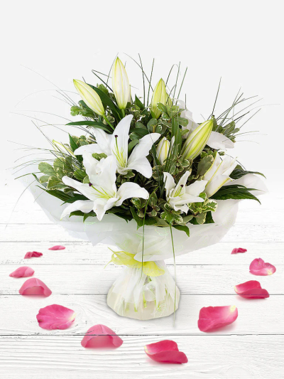 Fresh Start - This fresh and stylish gift of white oriental lilies will delight and impress. (Please keep away from cats!) Beautifully presented and delivered by your local florist.

NOTE: to guarantee this item please order in advance to give our florist time to sure they have these flowers in stock.

The image shows Large Size

Please note: for seasonal and other supply reasons, we may occasionally substitute some of the blooms shown in the image. We will always try to be true to the bouquet's colour coordination, style, and shape and guarantee to give you the full value paid. If you have any queries, please email or call us and we would be delighted to confirm availability and explain alternatives. See the 'Contact Us' section.