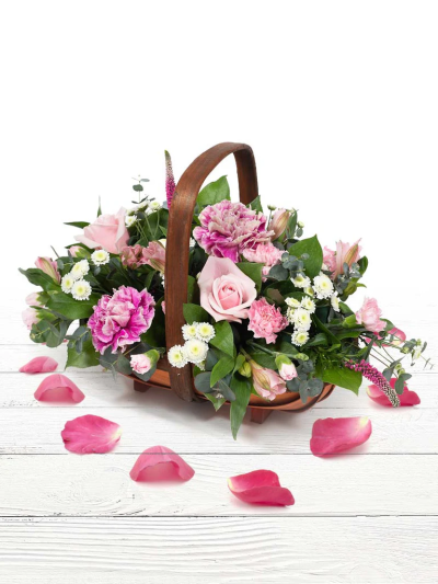 Alicia Flower Basket - A pretty collection of pink & white flowers skilfully arranged in a beautiful basket to send your message in a wonderful way.

Please note: for seasonal and other supply reasons, we may occasionally substitute some of the blooms shown in the image. We will always try to be true to the bouquet's colour coordination, style, and shape and guarantee to give you the full value paid. If you have any queries, please email or call us and we would be delighted to confirm availability and explain alternatives. See the 'Contact Us' section.