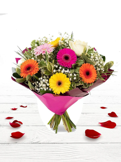 Fireworks Bouquet - Our skilled florists created this bouquet in answer to requests for a bouquet that looked like it was picked straight from the garden. This pretty hand-tied bouquet is bursting with colour, texture and variety.

The image shows Large Size

Please note: for seasonal and other supply reasons, we may occasionally substitute some of the blooms shown in the image. We will always try to be true to the bouquet's colour coordination, style, and shape and guarantee to give you the full value paid. If you have any queries, please email or call us and we would be delighted to confirm availability and explain alternatives. See the 'Contact Us' section.