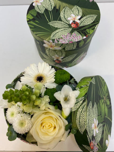 Tropical Gem Hatbox - A stunning Hat Box, overflowing with a lovely combination of white and cream flowers. We do guarantee that your specific arrangement will be fresh, and beautiful and that your recipient will love it! 

Please note: for seasonal and other supply reasons, we may occasionally substitute some of the blooms shown in the image. We will always try to be true to the colour coordination, style, and shape of the bouquet and guarantee to give you the full value paid. If you have any queries, please email or call us and we would be delighted to confirm availability and explain alternatives. See the 'Contact Us' section.