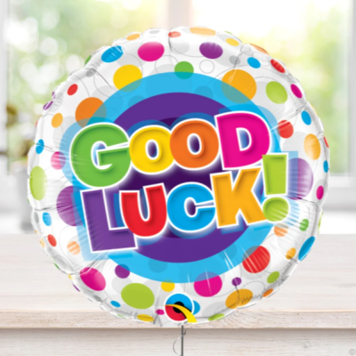 Good Luck Balloon - Wish them good luck and show them you're thinking of them with this celebratory balloon in shiny silver and bright rainbow colours. The 45cm micro-foil balloon arrives filled with helium and tied to a weight with curling ribbon.