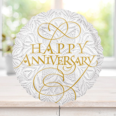 Happy Anniversary Balloon - Send your wishes with a surprise delivery of a Happy Anniversary' worded helium-filled balloon. Mark this special day with this brightly coloured balloon tied with ribbon to match delivered with a balloon weight.